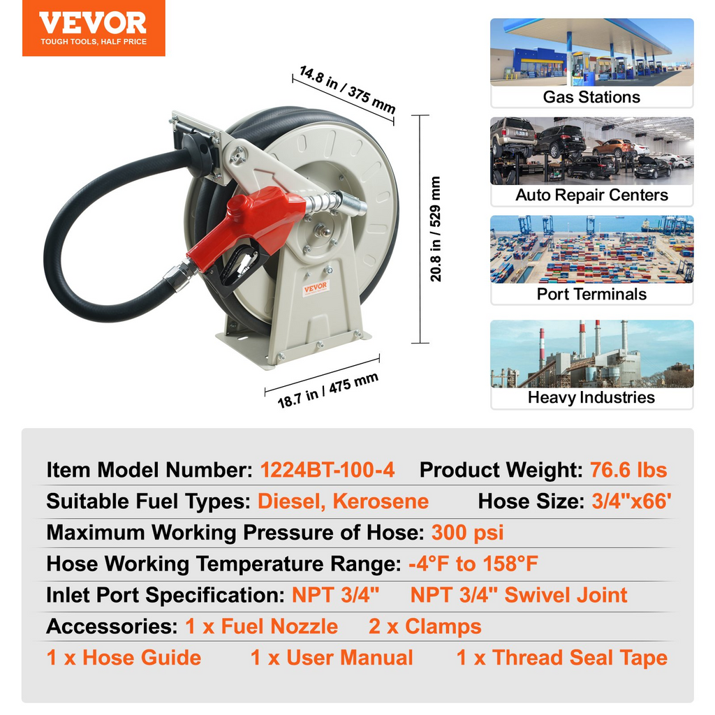 VEVOR Carrete de manguera de combustible, 3/4" x 20 MTS, carrete de manguera diésel retráctil extra largo, construcción de acero al carbono de alta resistencia con boquilla de combustible automática JH2