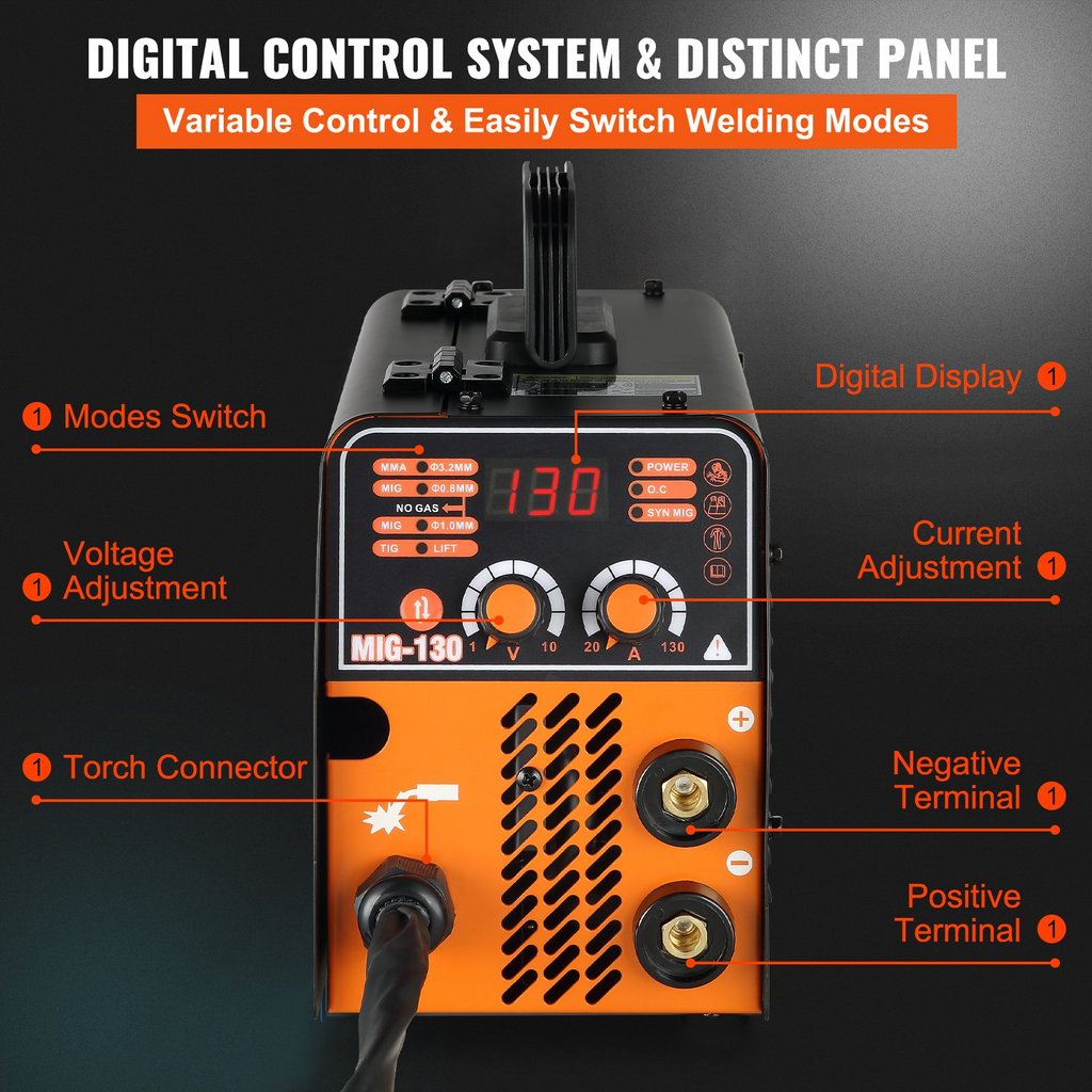 VEVOR MIG Welder, 130A Flux Core Welder, 3 in 1 Combo MMA/MIG/LIFT TIG Welder Machine, Portable MIG-130 Welding Machine IGBT Inverter, Automatic Wire Feeding Welder for Stainless Steel, Carbon Steel