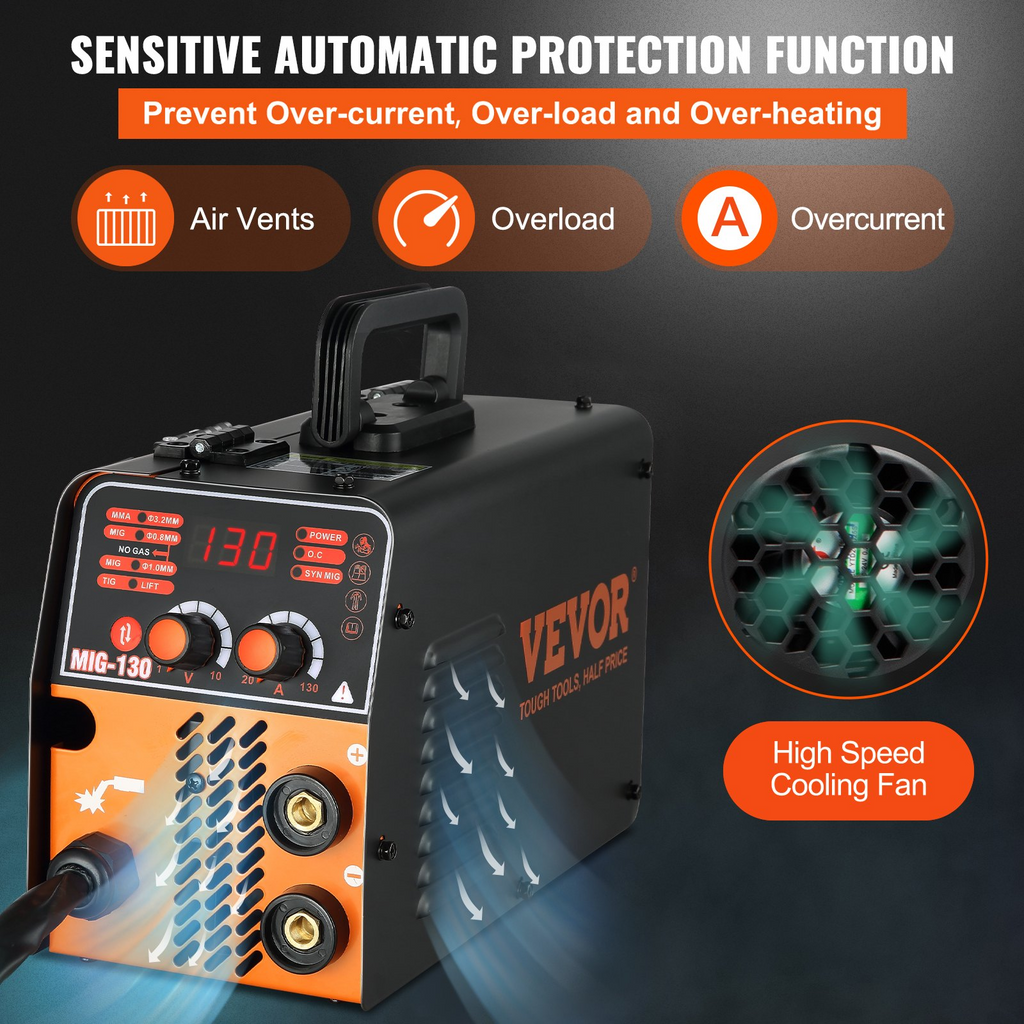 VEVOR MIG Welder, 130A Flux Core Welder, 3 in 1 Combo MMA/MIG/LIFT TIG Welder Machine, Portable MIG-130 Welding Machine IGBT Inverter, Automatic Wire Feeding Welder for Stainless Steel, Carbon Steel