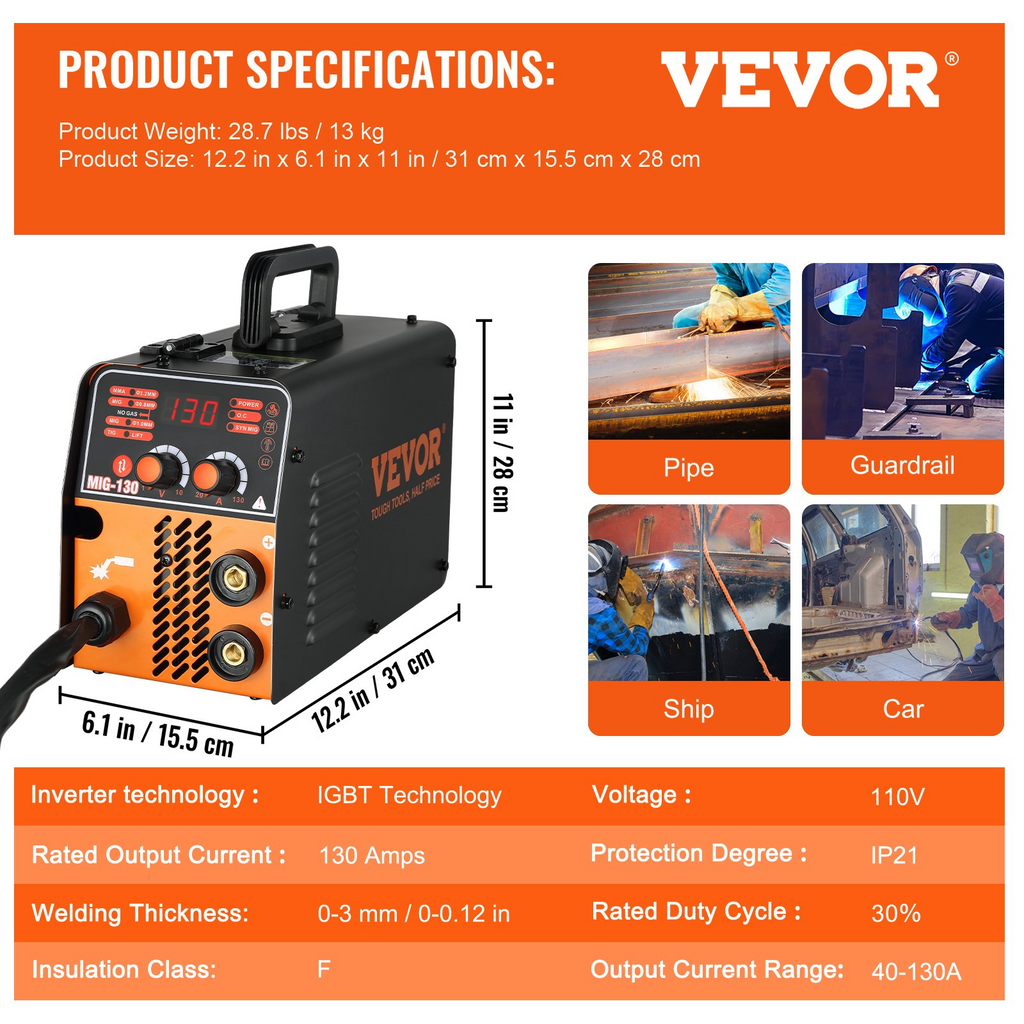 VEVOR MIG Welder, 130A Flux Core Welder, 3 in 1 Combo MMA/MIG/LIFT TIG Welder Machine, Portable MIG-130 Welding Machine IGBT Inverter, Automatic Wire Feeding Welder for Stainless Steel, Carbon Steel