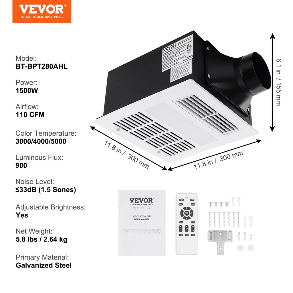 Extractor de aire para baño VEVOR calefacción de 1500 W ventilación de alta eficiencia de 110 CFM