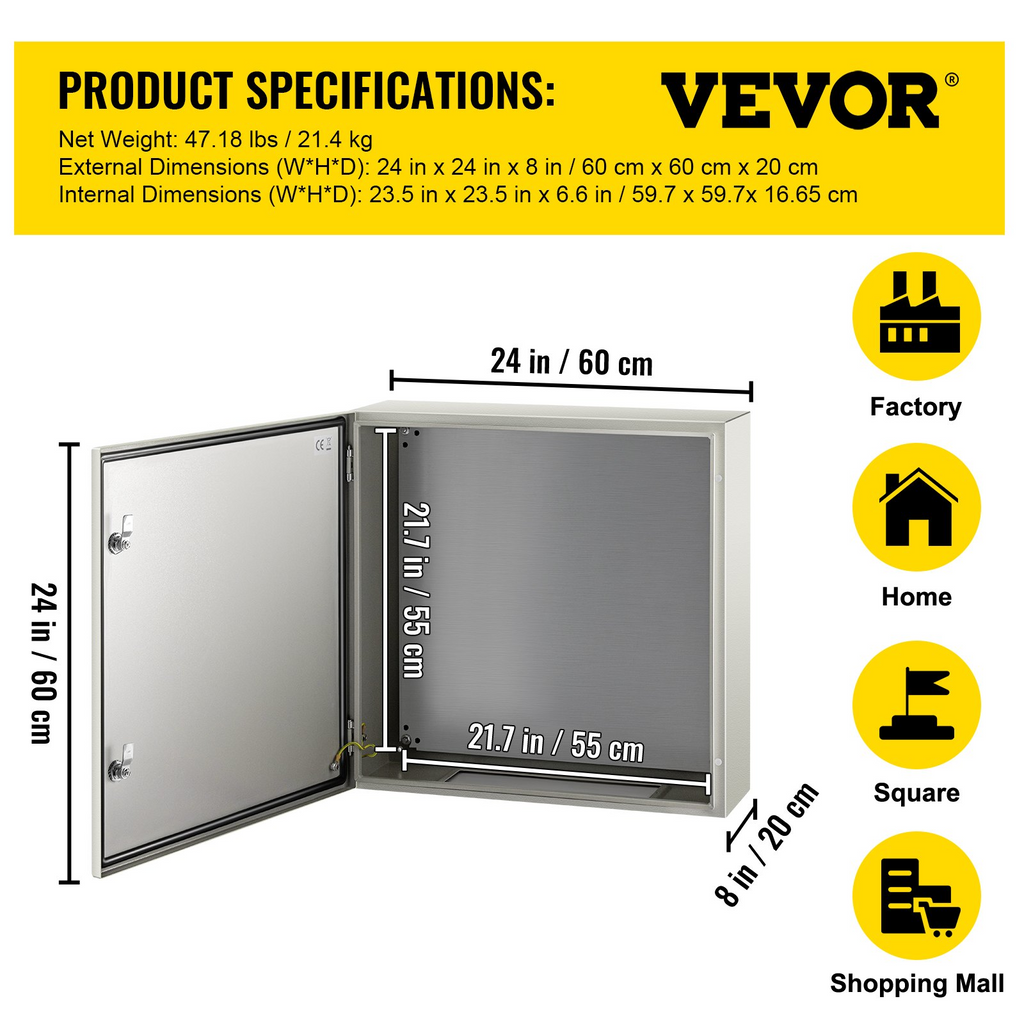 Caja de acero NEMA VEVOR, caja eléctrica de acero NEMA 4X de 24 x 24 x 8'', resistente al agua y al polvo IP66.