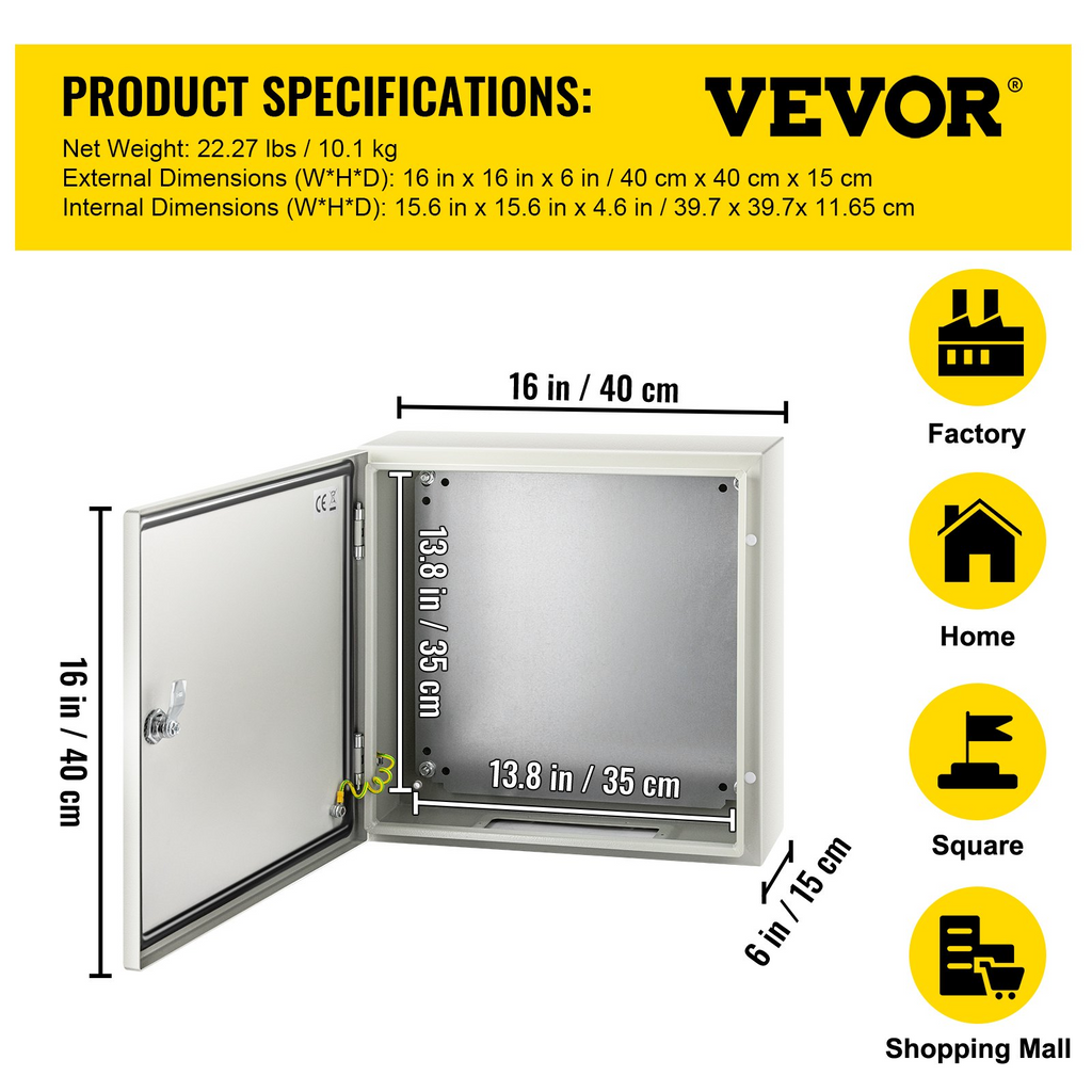 Caja de acero NEMA VEVOR, caja eléctrica de acero NEMA 4X de 16 x 16 x 6'', resistente al agua y al polvo IP66.