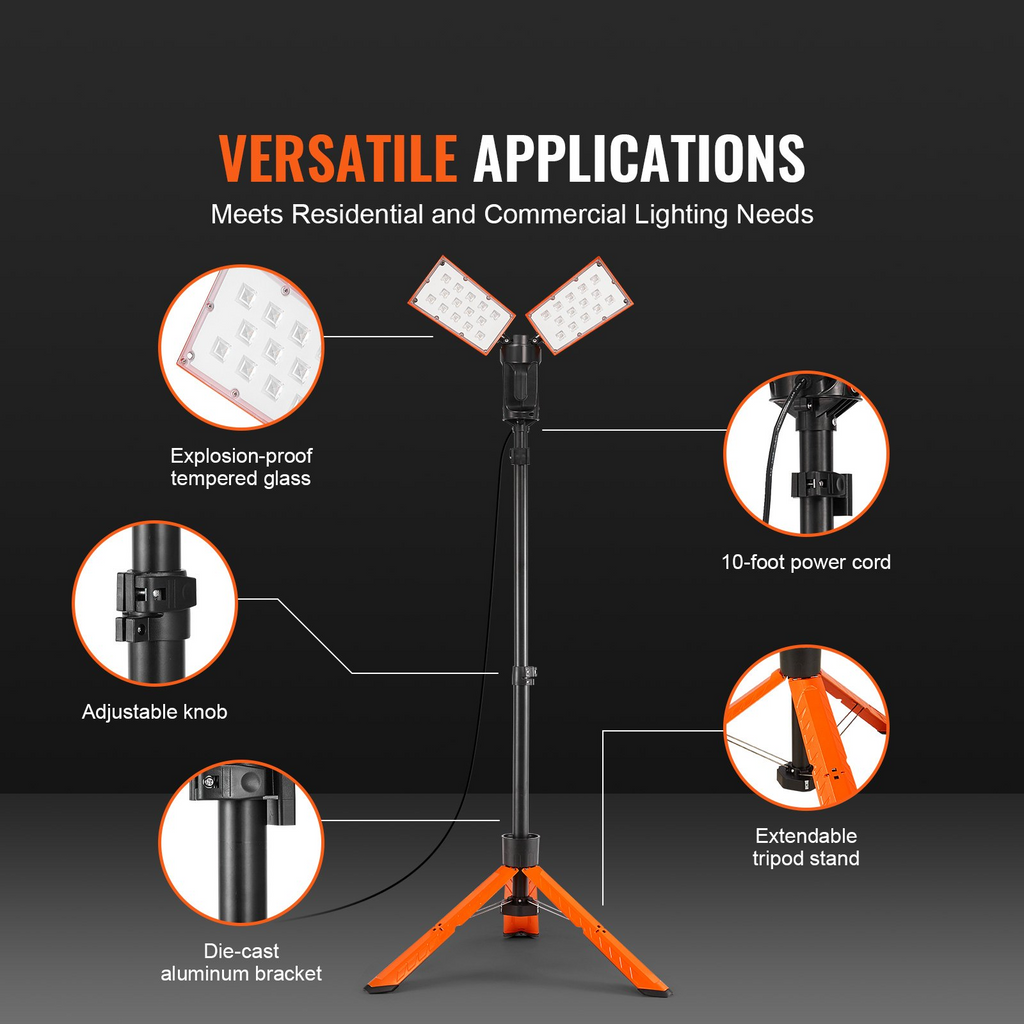 Luz de trabajo LED VEVOR de 20 000 lm de 200 W altura ajustable de 27,6 a 70 pulgadas con soporte de trípode plegable y control remoto ajuste de brillo y temperatura