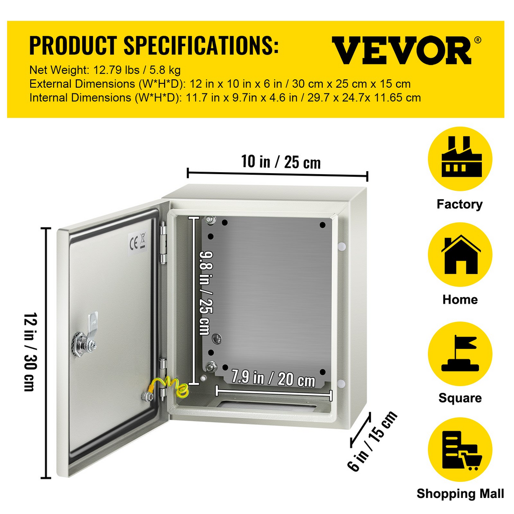 Caja de acero NEMA VEVOR, caja eléctrica de acero NEMA 4X de 12 x 10 x 6'', resistente al agua y al polvo IP66.