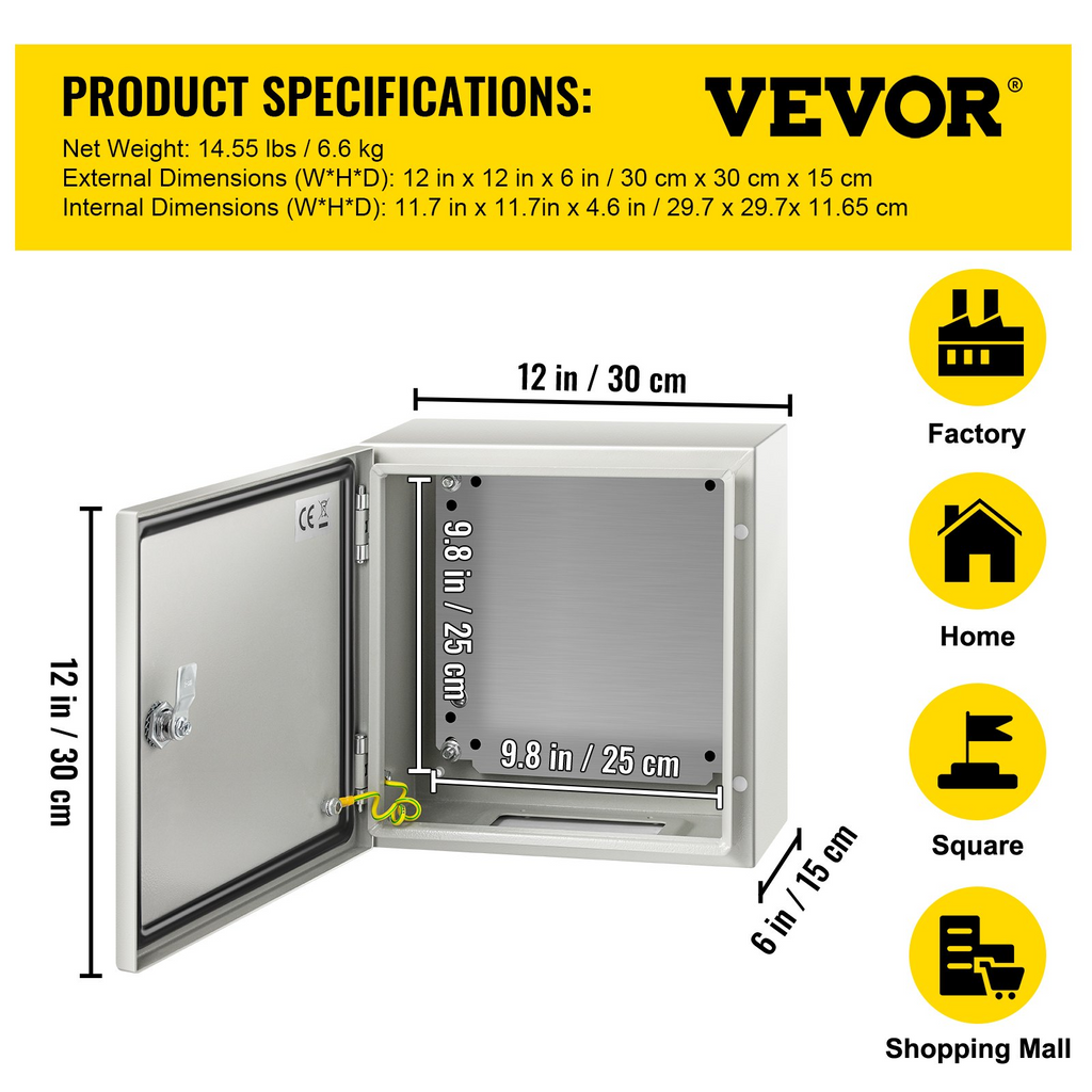 Caja de acero NEMA VEVOR, caja eléctrica de acero NEMA 4X de 12 x 12 x 6'', resistente al agua y al polvo IP66.