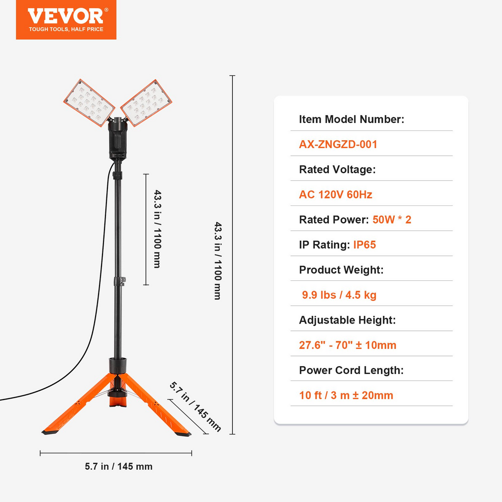 Luz de trabajo LED VEVOR soporte de luz LED de 10000 lm de 50 W altura ajustable de 27,6" a 70"