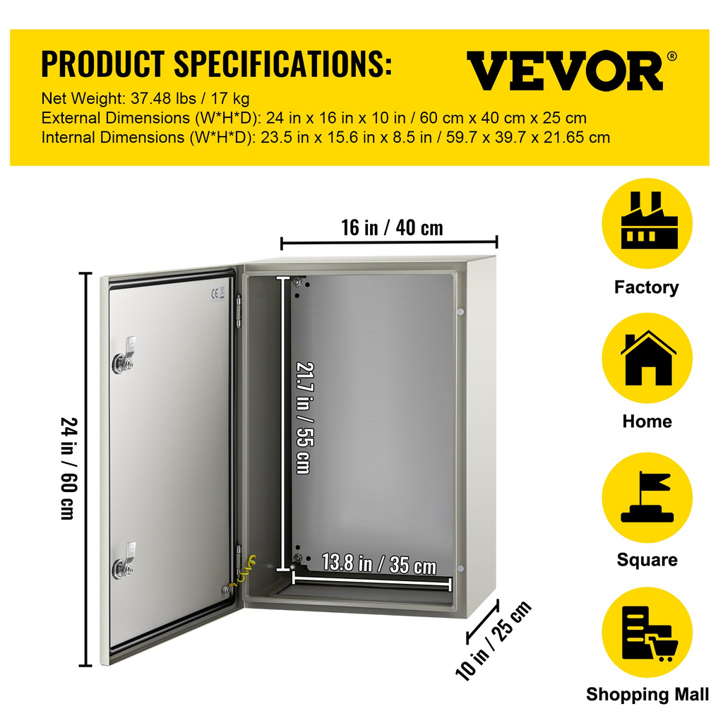 Caja de acero NEMA VEVOR, caja eléctrica de acero NEMA 4X de 24 x 16 x 10'', resistente al agua y al polvo IP66.