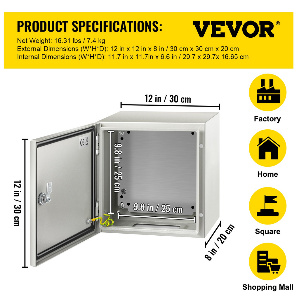 Caja de acero NEMA VEVOR, caja eléctrica de acero NEMA 4X de 12 x 12 x 8'', resistente al agua y al polvo IP66.