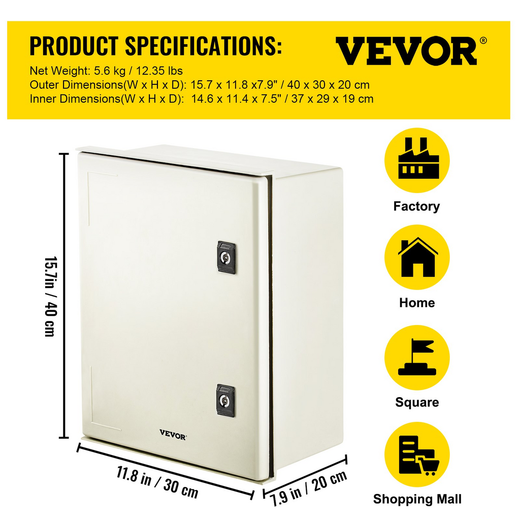 Caja de acero NEMA VEVOR, caja eléctrica de fibra de vidrio NEMA 4X de 16 x 12 x 8'', resistente al agua y al polvo IP66.