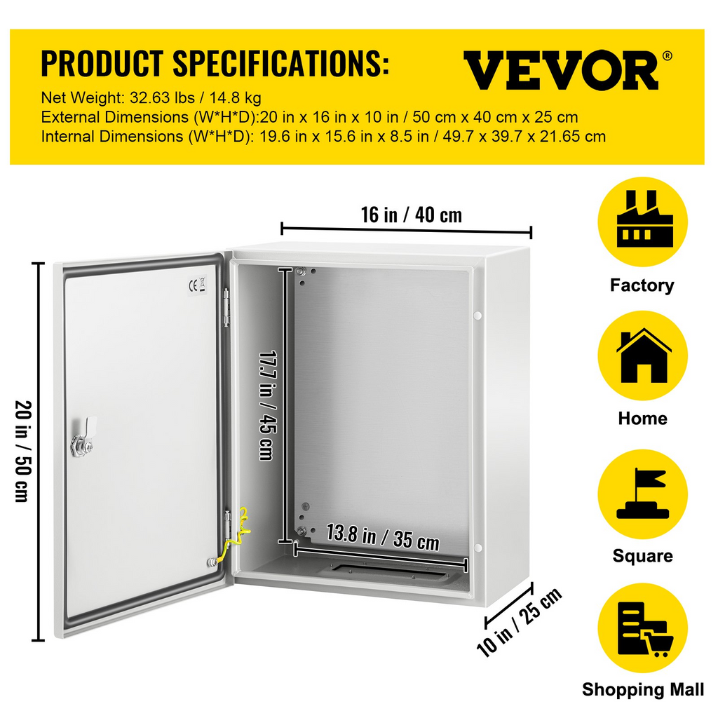 Caja de acero NEMA VEVOR, caja eléctrica de acero NEMA 4X de 20 x 16 x 10'', resistente al agua y al polvo IP66.