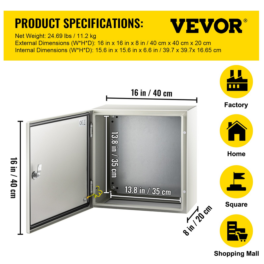 Caja de acero NEMA VEVOR, caja eléctrica de acero NEMA 4X de 16 x 16 x 8'', resistente al agua y al polvo IP66.