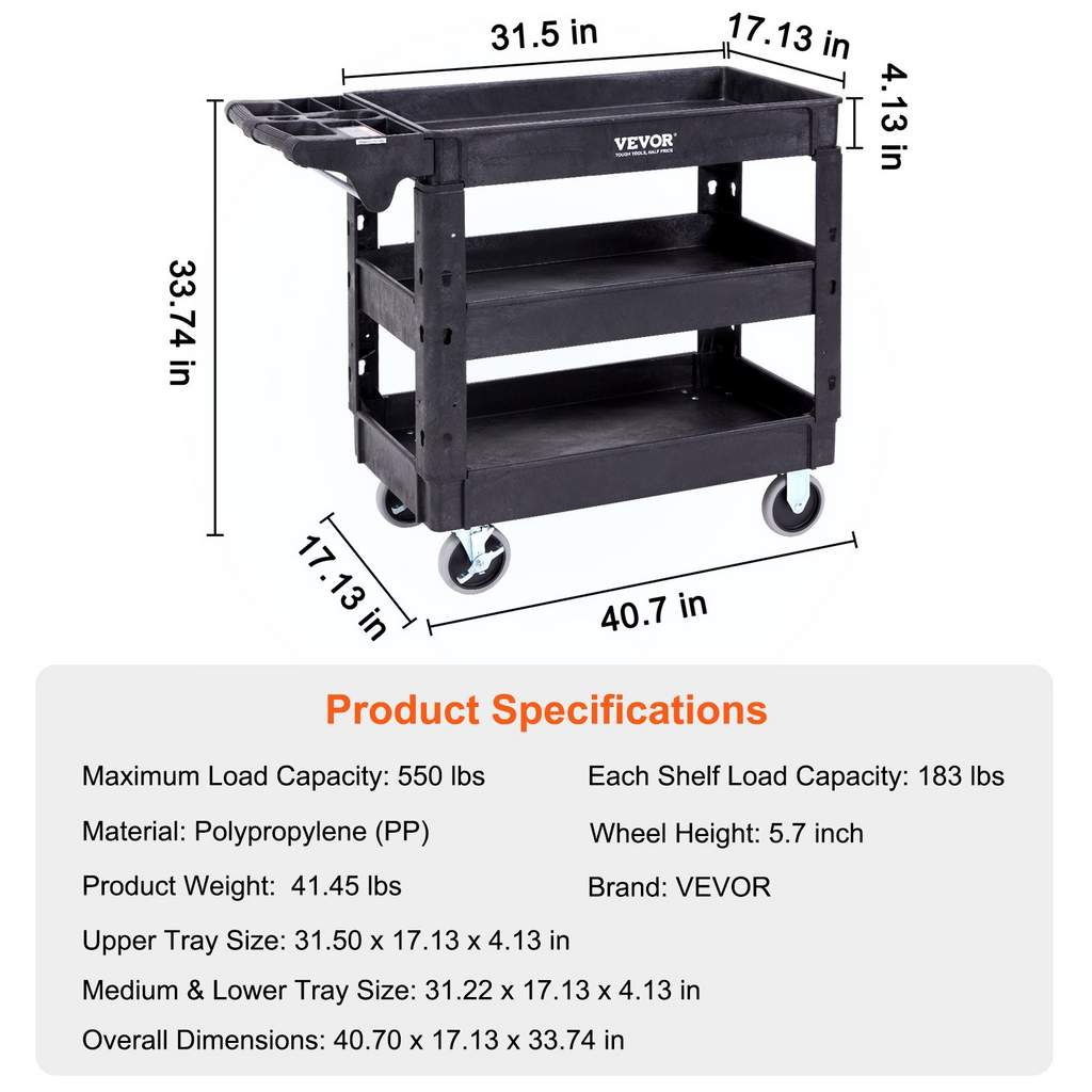 VEVOR Carrito de servicio multiusos con 3 estantes y capacidad de 550 libras