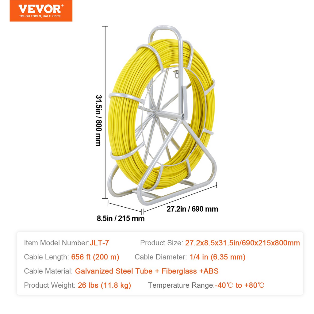 VEVOR Guia de jaladera de fibra de vidrio de 200 mts x calibre 1/4 in con soporte de carrete de acero de 3 cabezales de extracción - sin conductor JH2