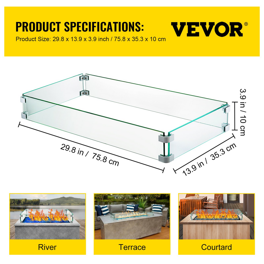 Valla de protección contra el viento de vidrio templado para fogatas (29,5 x 13,6 x 4 pulgadas)