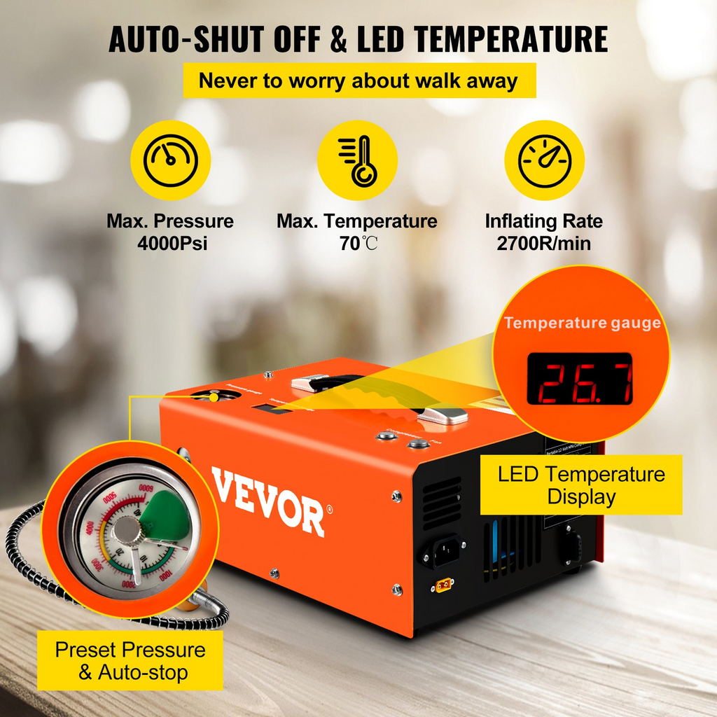 Compresor de aire PCP VEVOR portátil de 4000 PSI de 24 V CC 110 V/220 V CA con parada automática adaptador integrado y refrigeración por ventilador