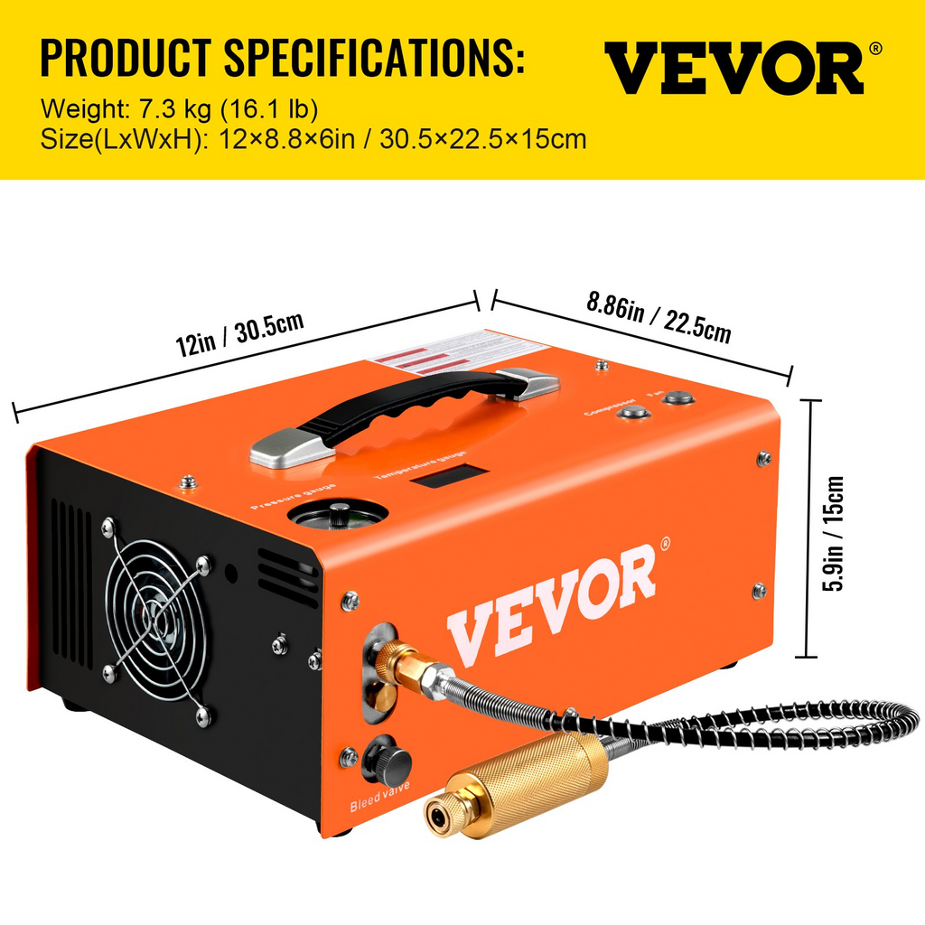 Compresor de aire PCP VEVOR portátil de 4000 PSI de 24 V CC 110 V/220 V CA con parada automática adaptador integrado y refrigeración por ventilador