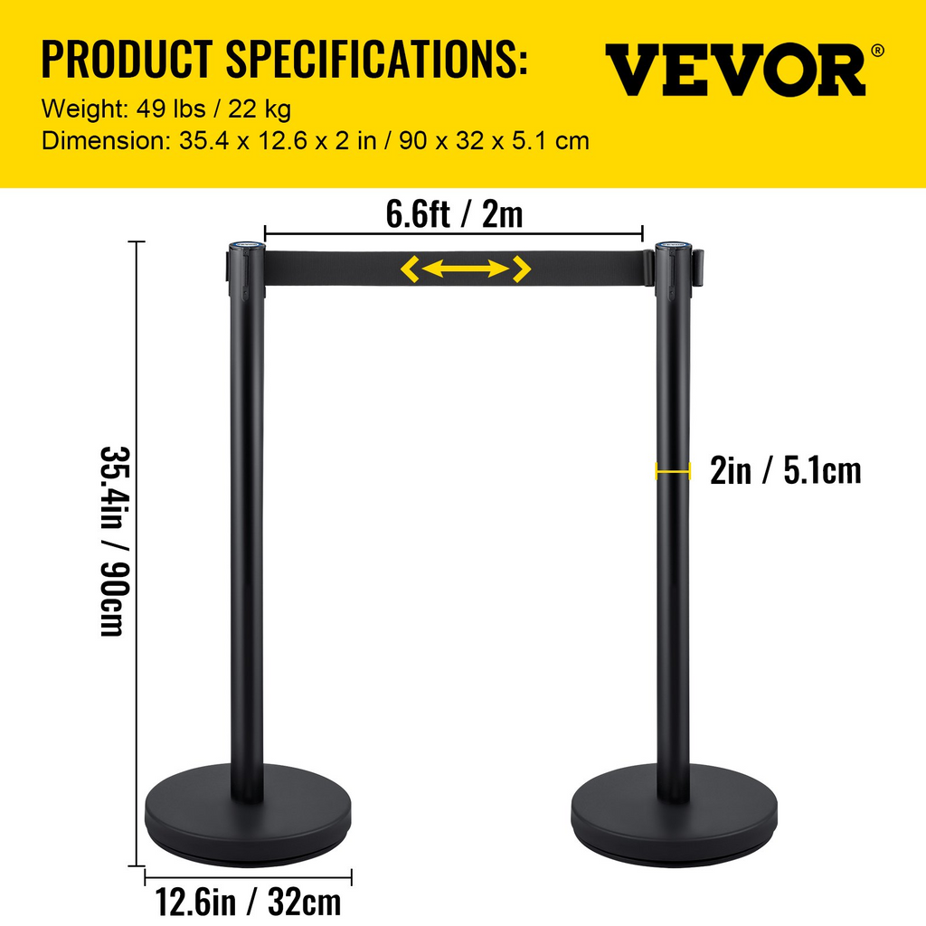 Poste de control de multitudes VEVOR juego de 4 postes con cinturón retráctil negro de 6,6 pies/2 m