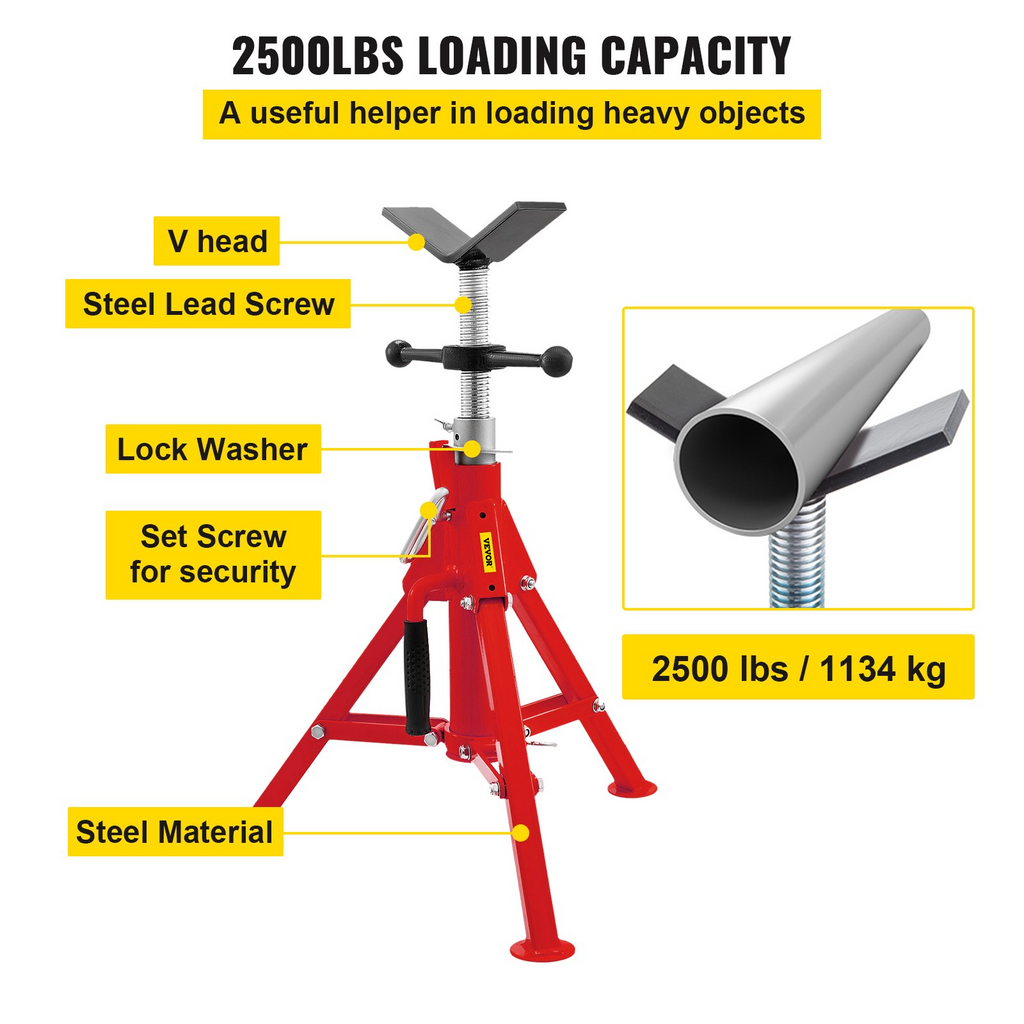 Soporte para tubos VEVOR con cabezal en V capacidad de 1/8" a 12" altura ajustable de 20" a 37" capacidad de carga de 2500 lb