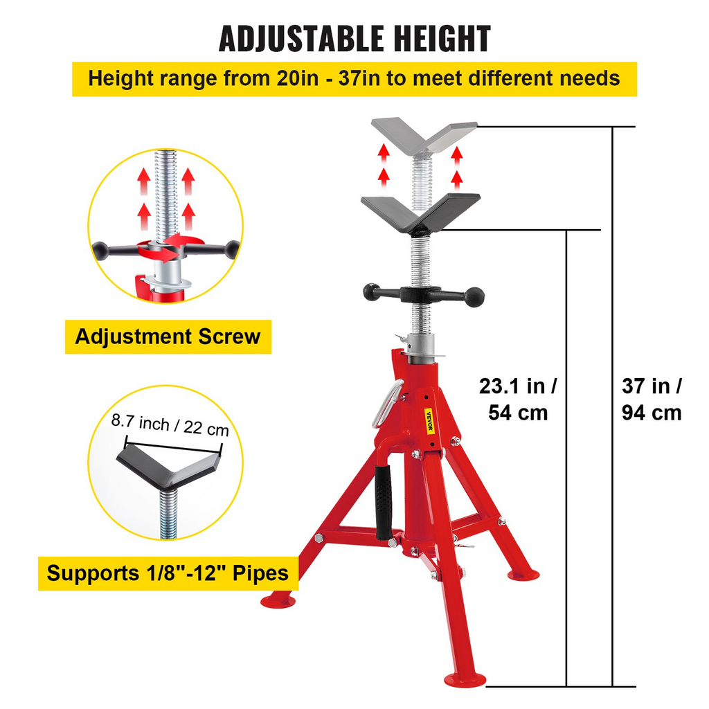 Soporte para tubos VEVOR con cabezal en V capacidad de 1/8" a 12" altura ajustable de 20" a 37" capacidad de carga de 2500 lb