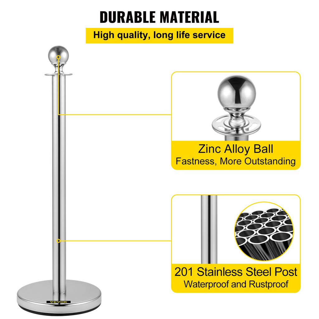 VEVOR 6 postes de cola de acero inoxidable plateados cuerda roja retráctil de 38 pulgadas para uso en interiores y exteriores