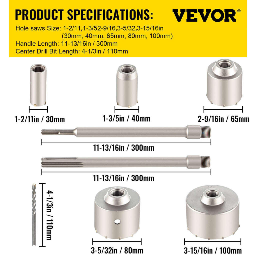 Kit de sierra perforadora para hormigón VEVOR juego de brocas de 1-2/11" 1-3/5" 2-9/16" 3-5/32" 3-15/16"