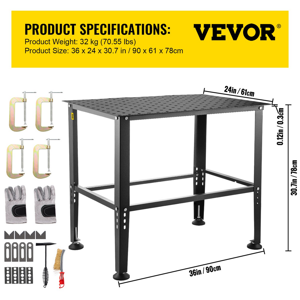 VEVOR Welding Table, 36" x 24" Adjustable Workbench, 0.12" Thick Industrial Workbench, 600lb Load Capacity Metal Workbench, Heavy Duty Carbon Steel Welding Table, Gray Steel Work Table w/ Accessories