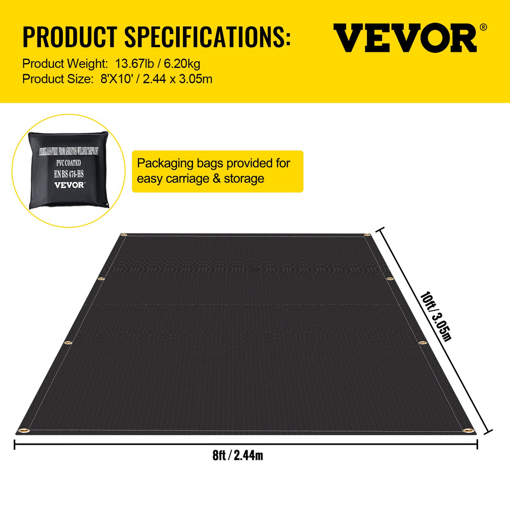 VEVOR Fire Blankets, 2 Pack Welding Blankets, 8' x 10' Fire Suppression Blanket, 1022°F Flame Retardant Blanket, Black Fire Emergency Blankets, Fiberglass Fire Retardant Blanket with 12 Brass Grommets