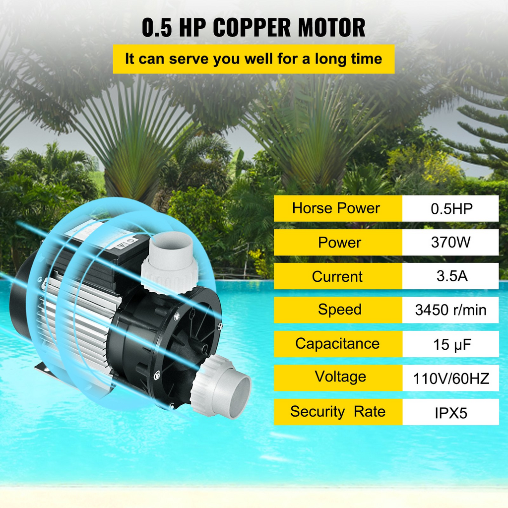 Bomba de circulación de agua para bañera de hidromasaje VEVOR de 1/2 HP 110 V 0,37 kw motor de cobre de 370 W