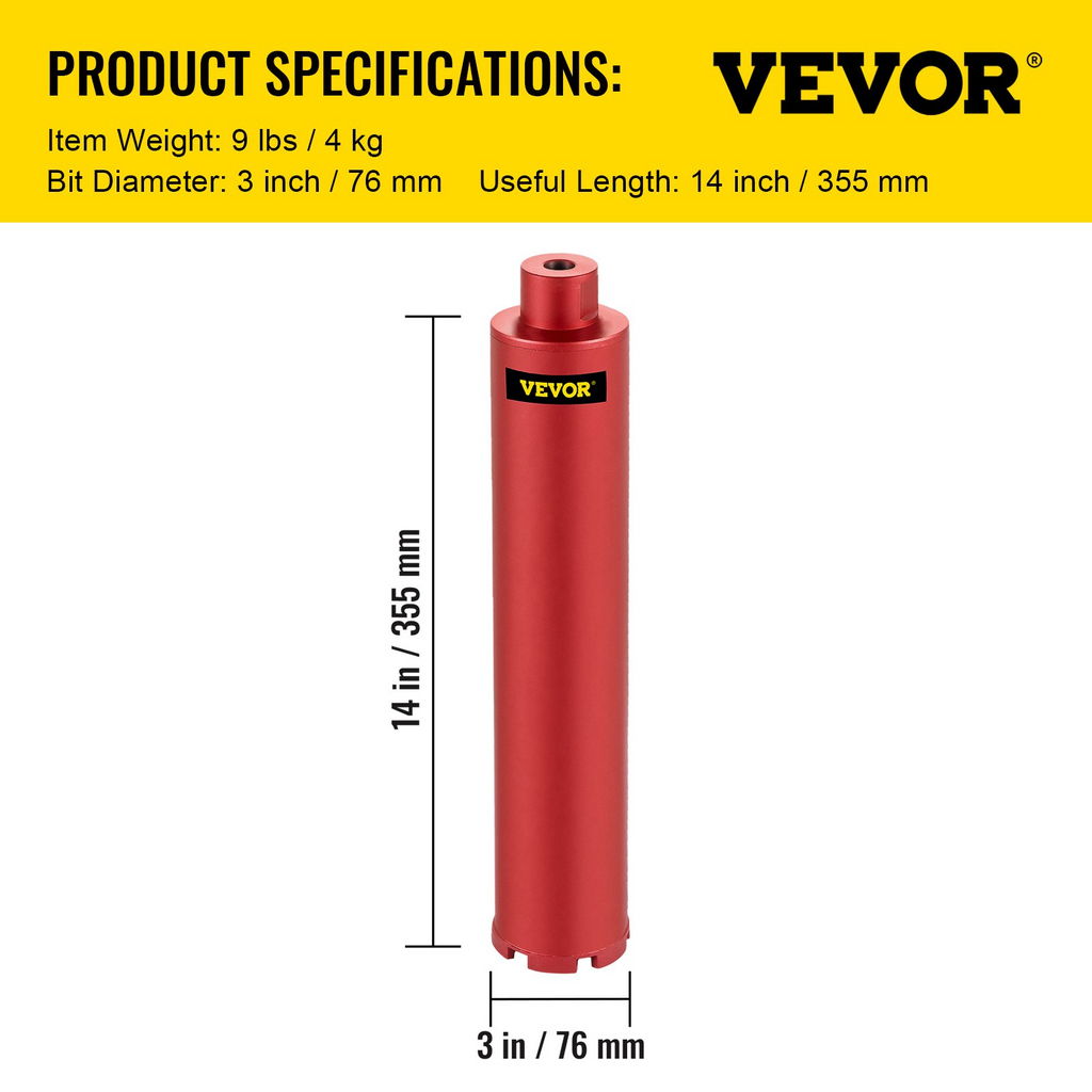 Broca de diamante VEVOR broca de diamante de 3"/ 76 mm de diámetro broca de diamante de 14"/ 355 mm broca de diamante de rosca de 5/8"-11