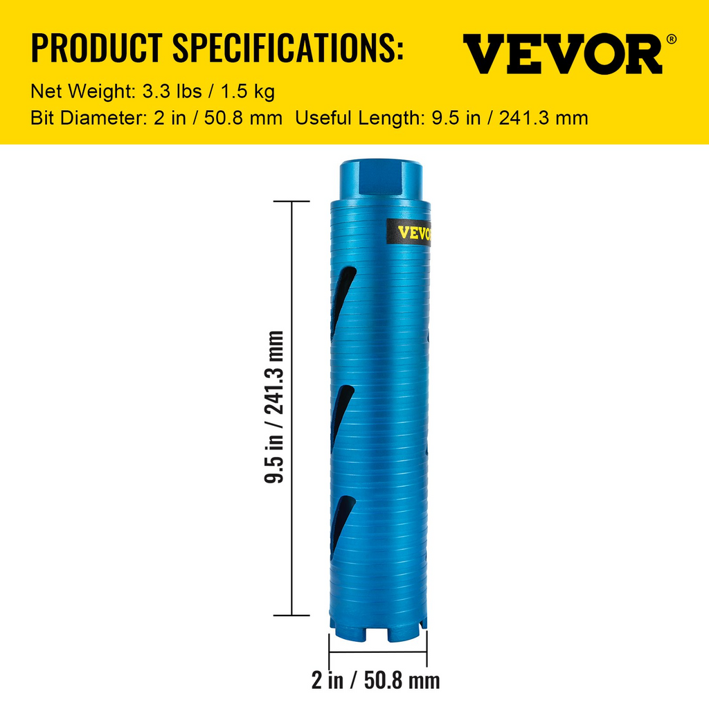 Broca de diamante VEVOR de 2"/50,8 mm de diámetro rosca de 5/8"-11 profundidad de 9,5"/241,3 mm