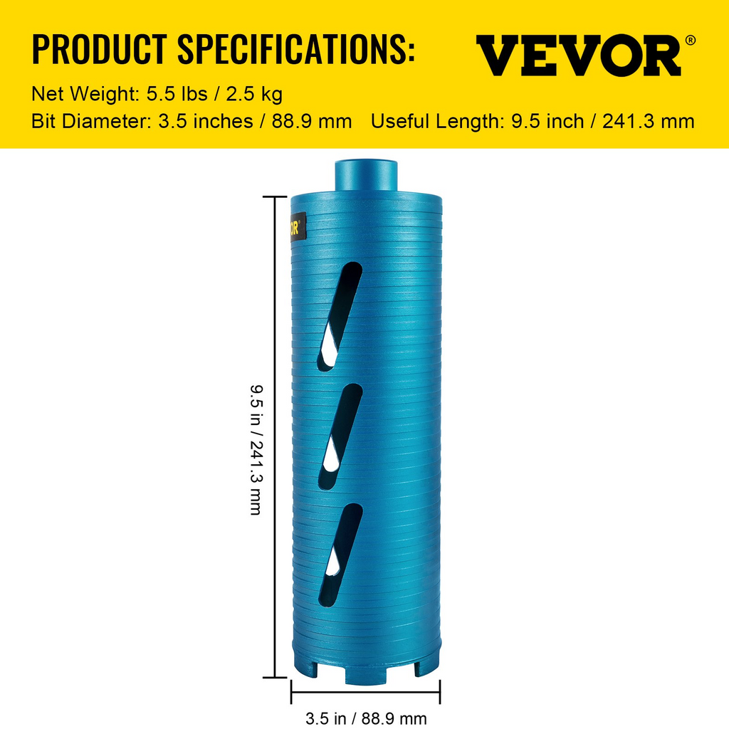 Broca de núcleo seco VEVOR diámetro de 3,5"/88,9 mm rosca de 5/8"-11 con diamante de profundidad de 9,5"/241,3 mm con broca piloto y hoja de 4,5"