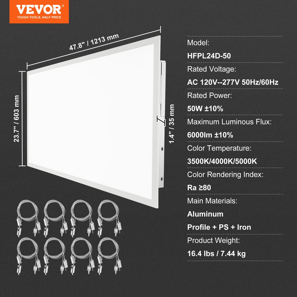 VEVOR - Panel de luz LED plano de 2 x 4 pies 6000 lm 50 W montaje en superficie de color ajustable de 3500 K/4000 K/5000 K