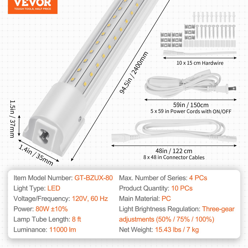 Paquete de 10 luces LED para taller, 2, 4 m (8 pies)