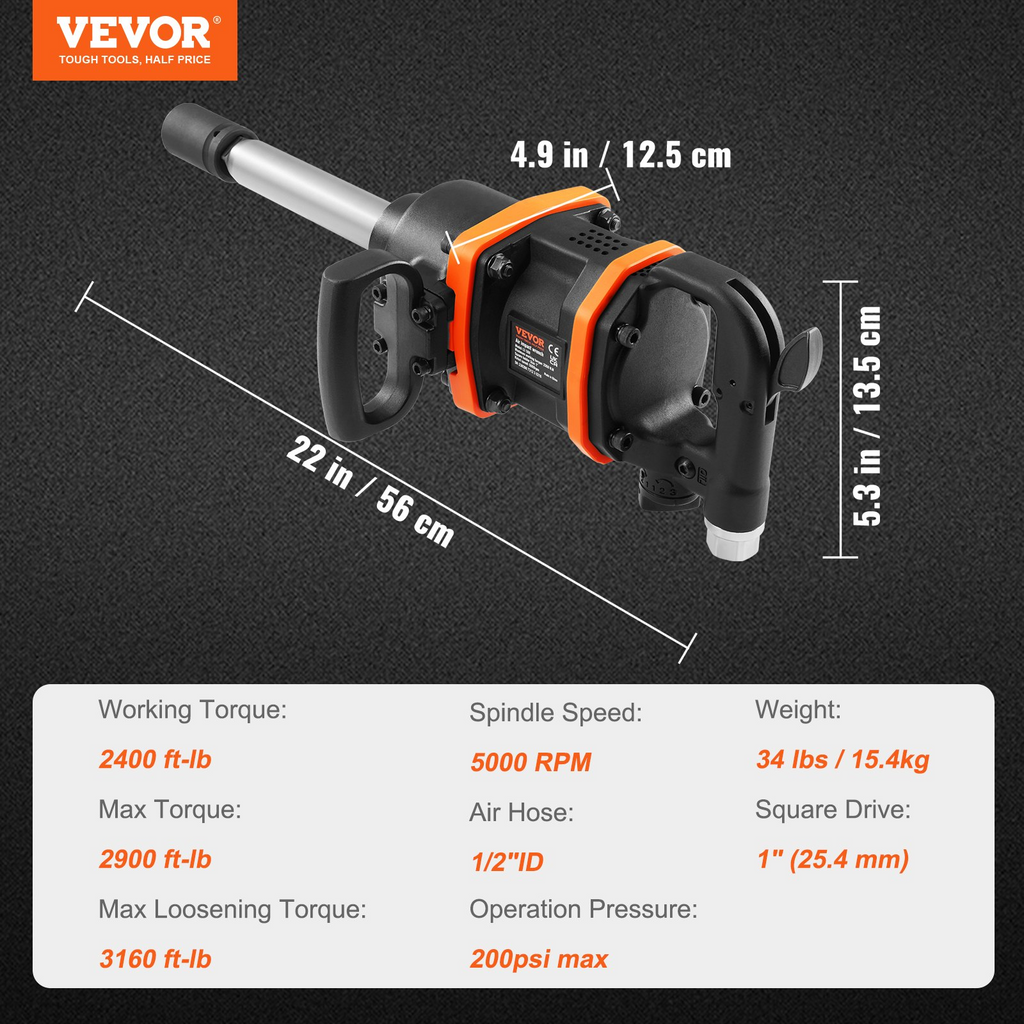 Llave de impacto neumática VEVOR de 1 pulgada con hasta 3160 ft-lbs de torque y yunque extendido de 8 pulgadas para mantenimiento pesado