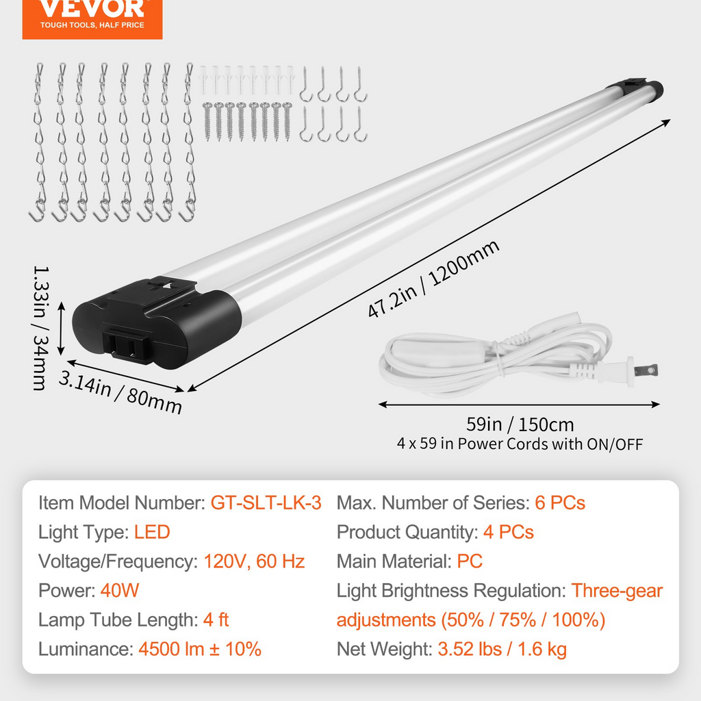 Paquete de 4 luces LED 4 pies 40W 4500LM conectables para montaje en techo superficie y colgante cables de 59 pulgadas con interruptor encendido/apagado