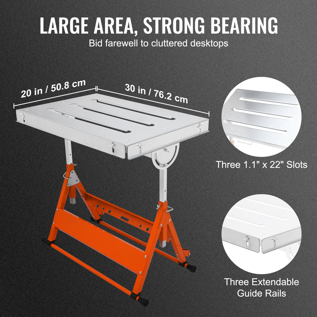 VEVOR Welding Table 30" x 20", 400lbs Load Capacity Steel Welding Workbench Table on Wheels, Folding Work Bench with Three 1.1" Slot, 3 Tilt Angles, Adjustable Height, Retractable Guide Rails