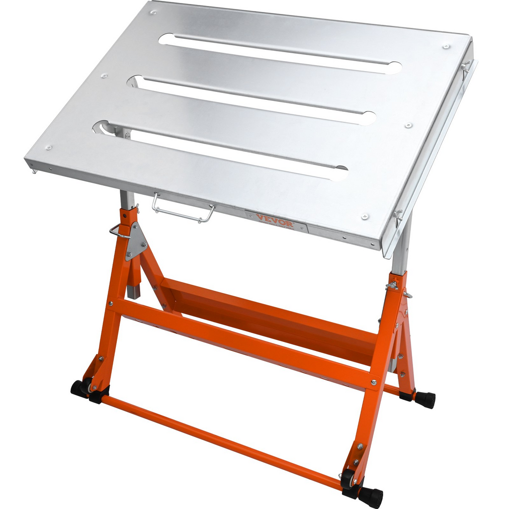 VEVOR Welding Table 30" x 20", 400lbs Load Capacity Steel Welding Workbench Table on Wheels, Folding Work Bench with Three 1.1" Slot, 3 Tilt Angles, Adjustable Height, Retractable Guide Rails