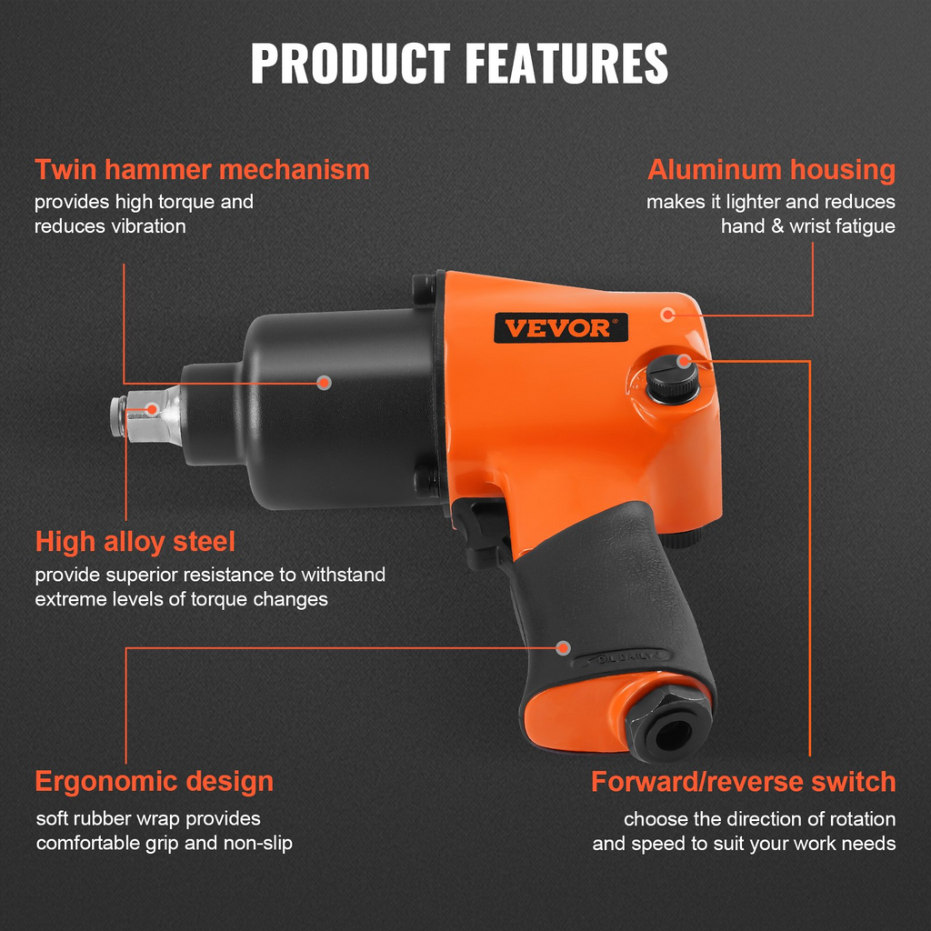 Llave de impacto neumática VEVOR 1/2" hasta 880 ft-lbs 7500 RPM