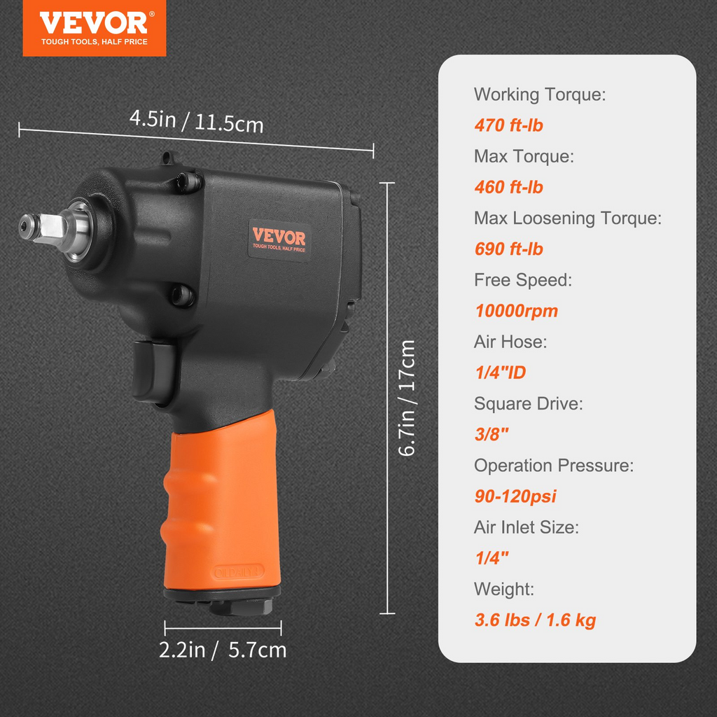 Llave de impacto neumática VEVOR de 3/8'' con torque de hasta 690 ft-lbs para reparaciones de automóviles