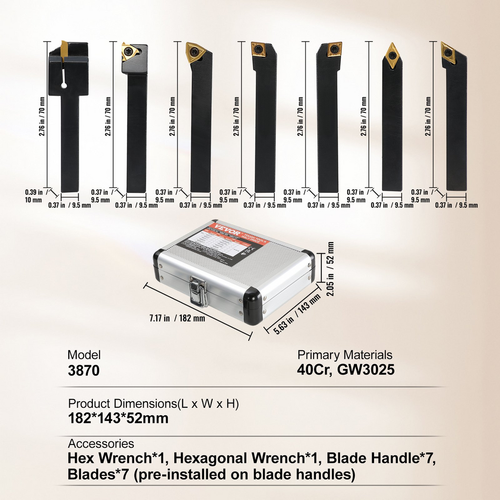 Portaherramientas de torneado indexable de 7 piezas 3/8 pulg. herramientas de corte de torno de metal CNC con insertos de carburo recubiertos de estaño estuche de aluminio para torneado ranurado y roscado