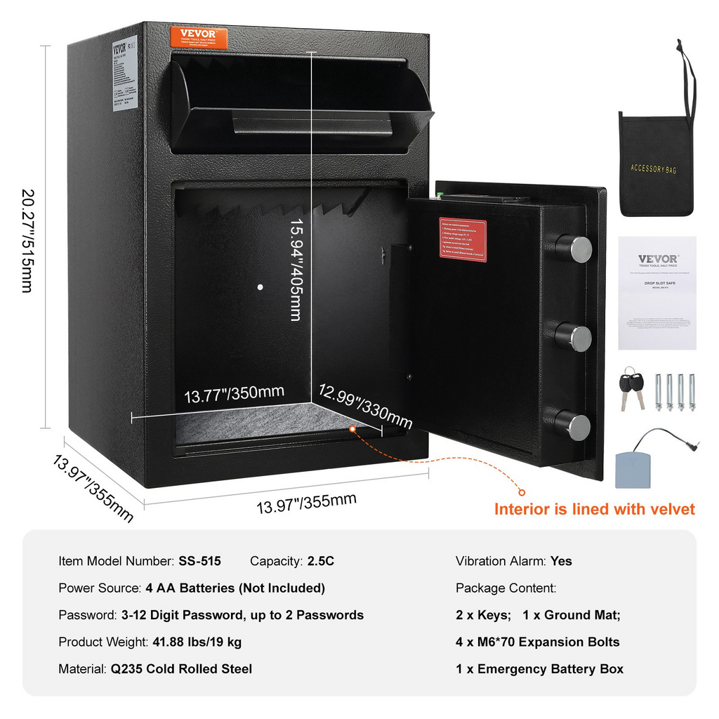 VEVOR Caja fuerte de 2,5 compartimentos con ranura para depósito cerradura con código electrónico y 2 llaves de emergencia 20,27'' x 13,97'' x 13,97''