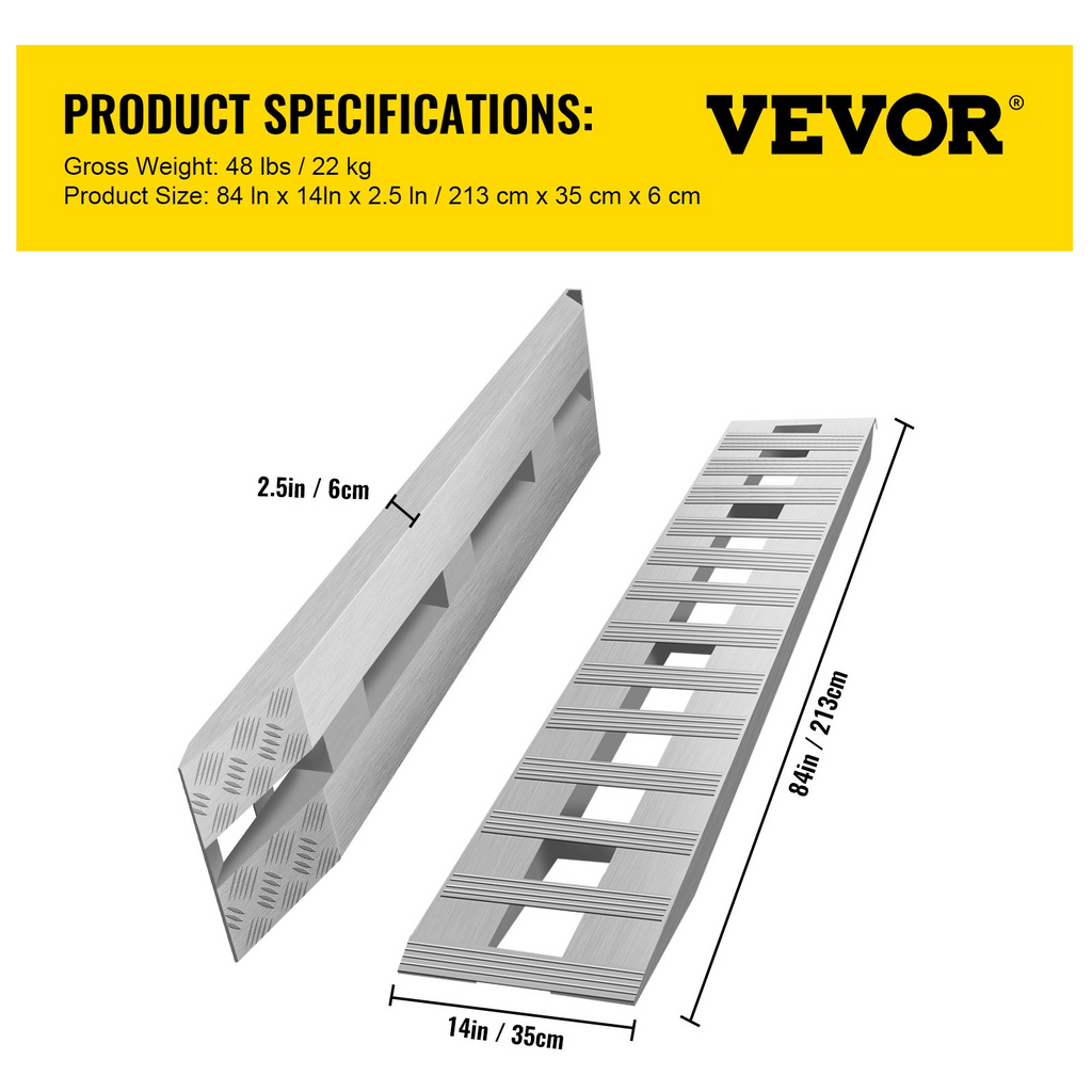 Rampas de aluminio VEVOR de 84 x 14 x 2,5 pulgadas con capacidad de 6000 libras para remolques de automóviles camiones vehículos todo terreno 1 par 2 rampas