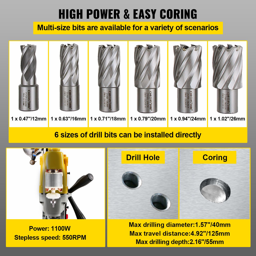 Taladro de columna magnético VEVOR de 1100 W con diámetro de perforación de 1-1/2 pulgadas (40 mm) MD40 fuerza magnética de 2810 libras