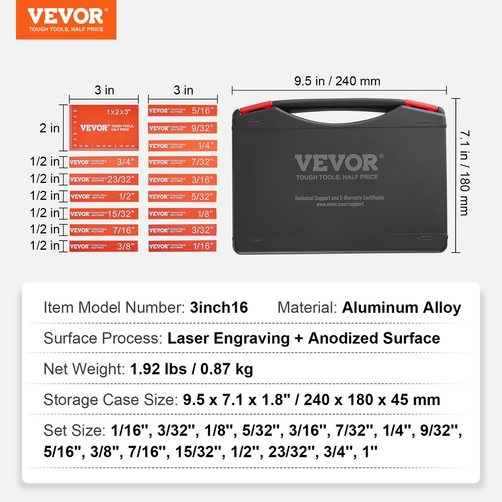 Bloques de configuración VEVOR para carpintería juego de 16 bloques con marcas grabadas con láser y estuche de almacenamiento