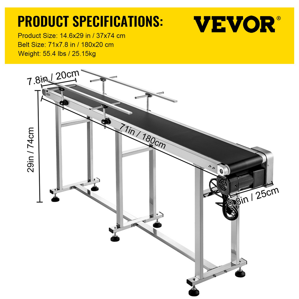 Transportador de banda VEVOR de 71 pulgadas de largo y 7,8 pulgadas de ancho