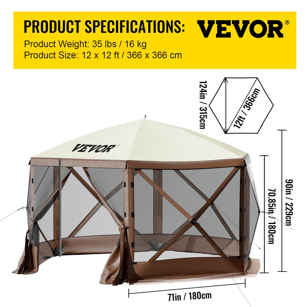 VEVOR Carpa de camping con toldo 12 x 12 pies de 6 lados con ventanas de malla