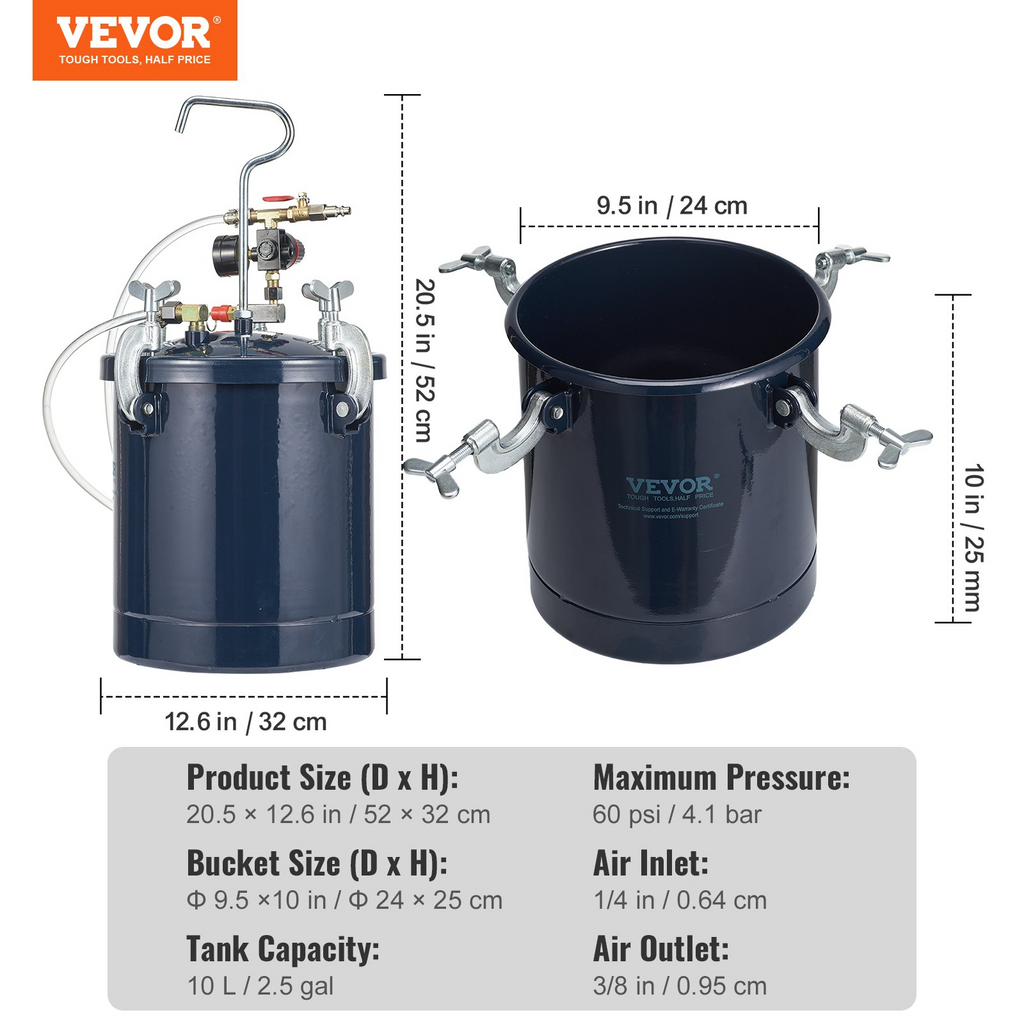 Tanque de presión VEVOR 10 l/2.5 galones con boquillas de 1.5 mm y 4 mm y dos pistolas 60 psi máx. para industria decoración arquitectura construcción y pintura automotriz