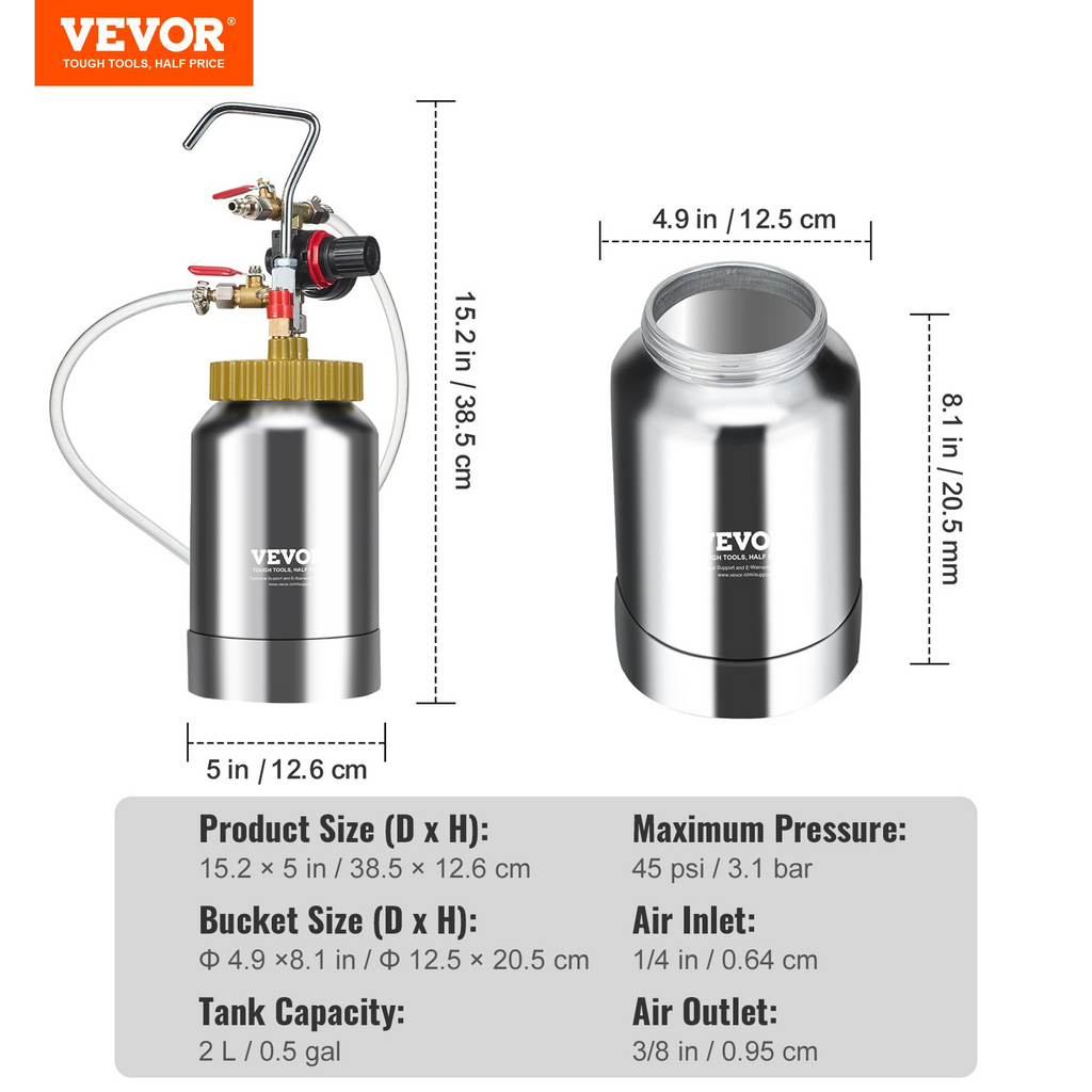 VEVOR - Tanque de presión para pintura en aerosol de 2 l/0,5 galones boquilla de 1,8 mm mangueras de 3 m 45 psi máx.