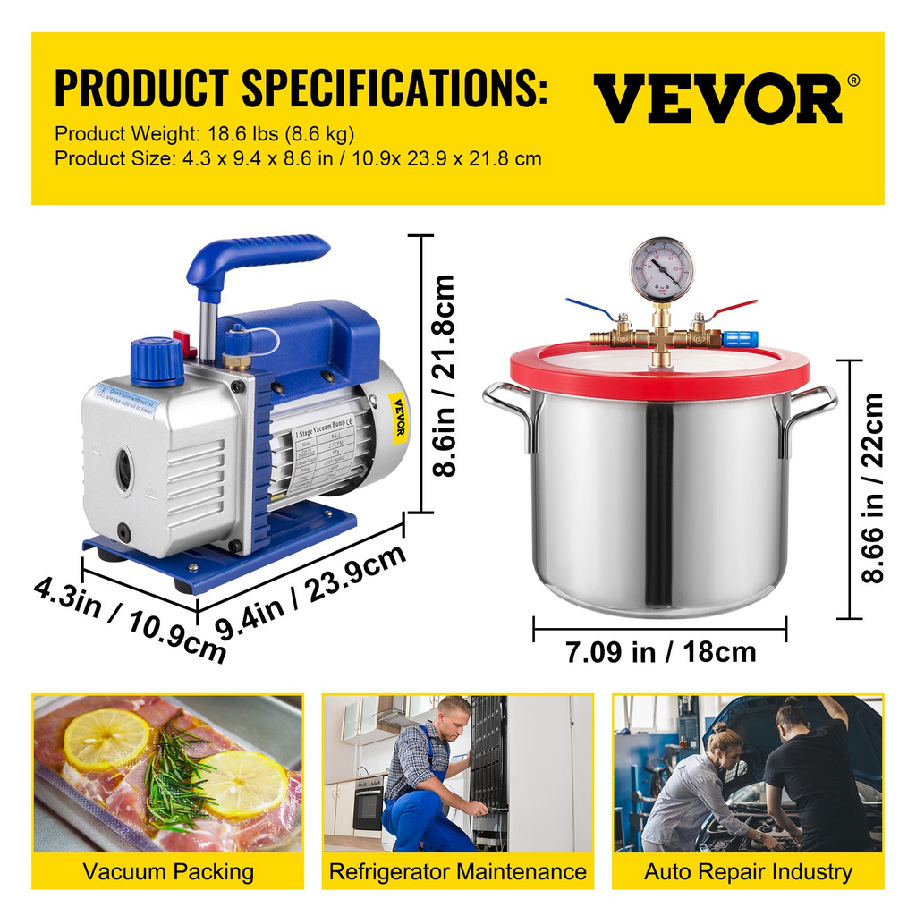 Kit de cámara de desgasificación al vacío VEVOR de 1,5 galones 5,7 l 2,5 CFM